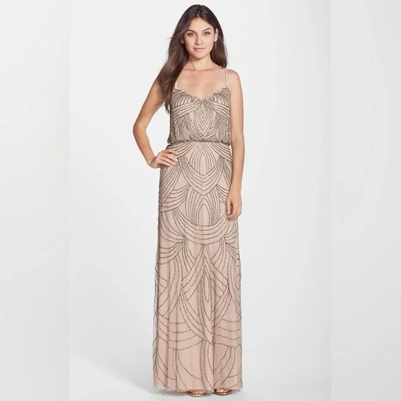 Adrianna Papell Beaded Mesh Blouson Dress Sz 6 Taupe pink formal maxi Gown - Picture 3 of 8